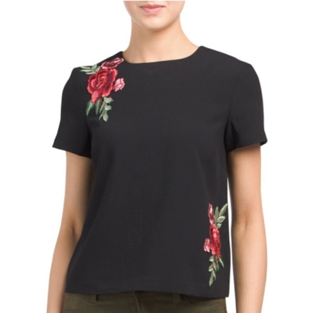 Belle Vere Size XS Black with Rose Embroidery Short Sleeve Top, Exc. Used Cond.